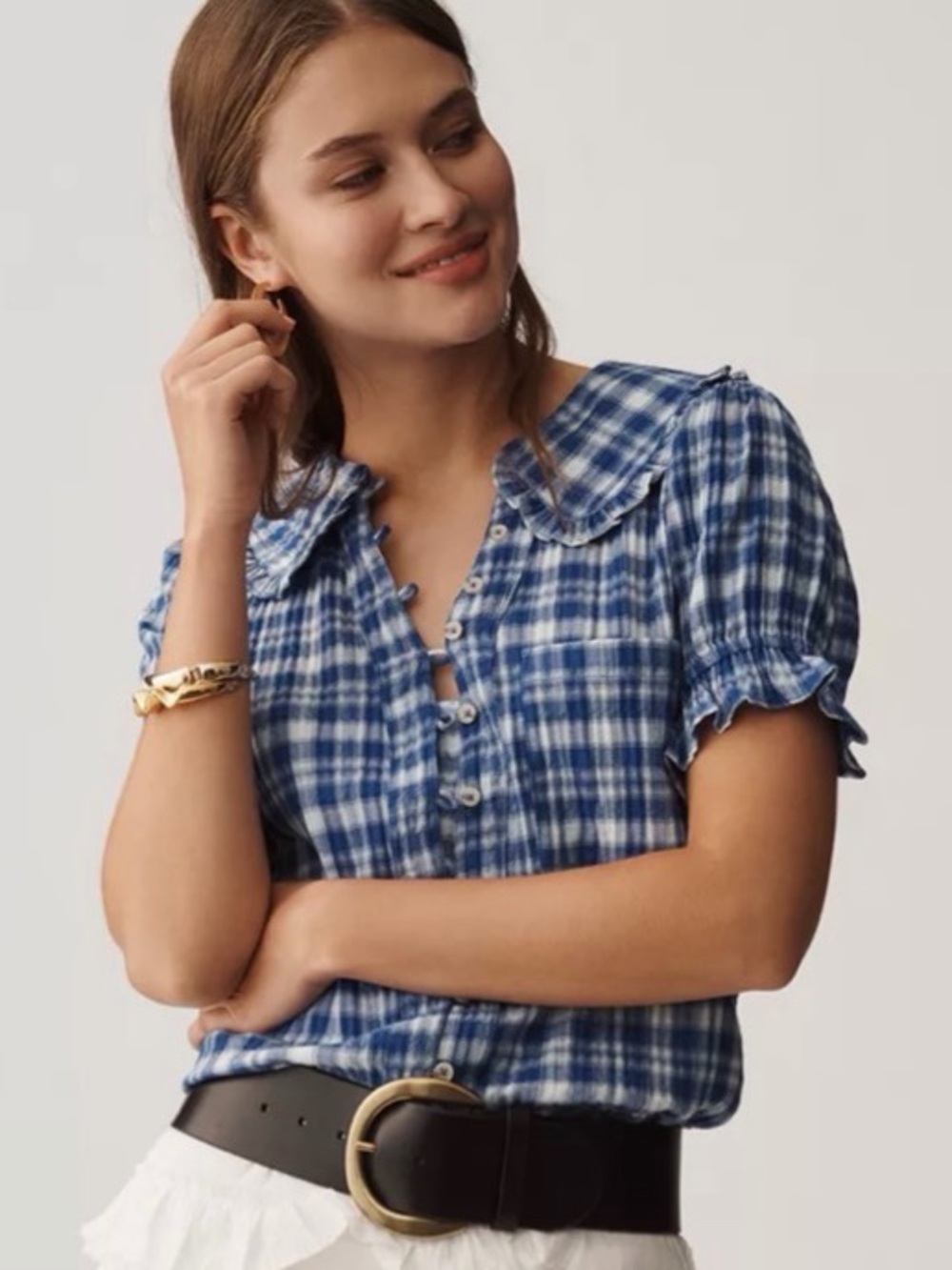 NWT Keira Plaid Blouse Pilcro XXS Oversized top shirt blue white square buttons